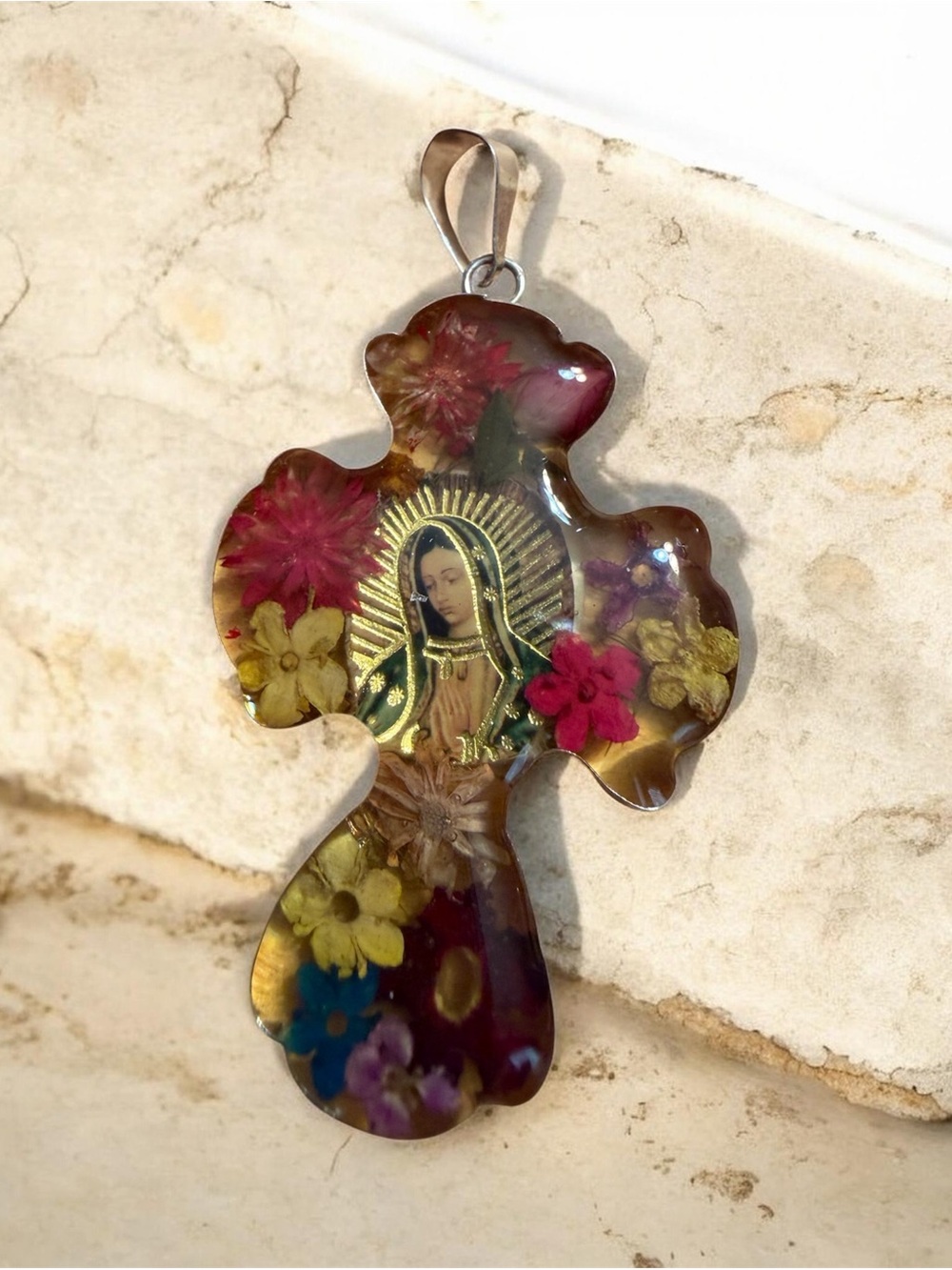 Sterling Silver Reversal Cross Virgen Guadalupe Pendant in Multicolor Resin